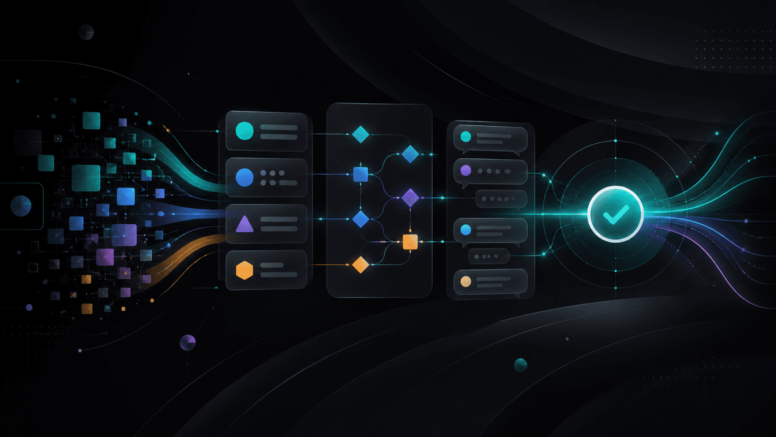 Abstract visual of specialized content, comparison, diagnosis, and AI chat connected as one decision experience